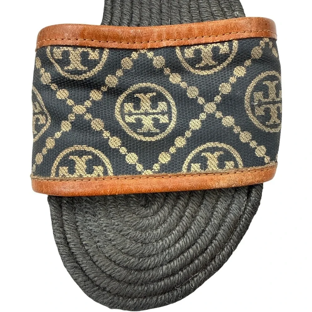 Tory Burch T Monogram‎ Espadrille Slides Size 6 Logo Sandals Navy Tan
